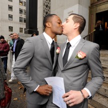 Andrew Davis and Alexis Bessonart after getting married on 11/12/13 at the Office of the City Clerk ( 'City Hall' ) on Centre Street, NYC.