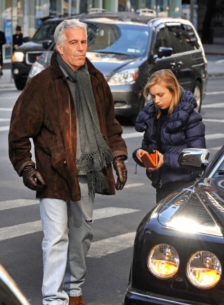 Jeffrey Epstein (left) with young woman (Sue Hamblin) alleged to be his assistant, on the corner of East 38th Street and Second Ave, NYC